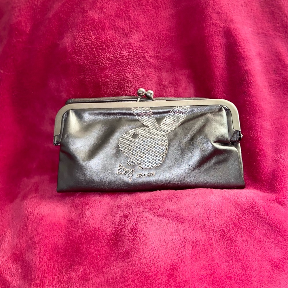 PLAYBOY Black Leather Clutch with Silver Accents
